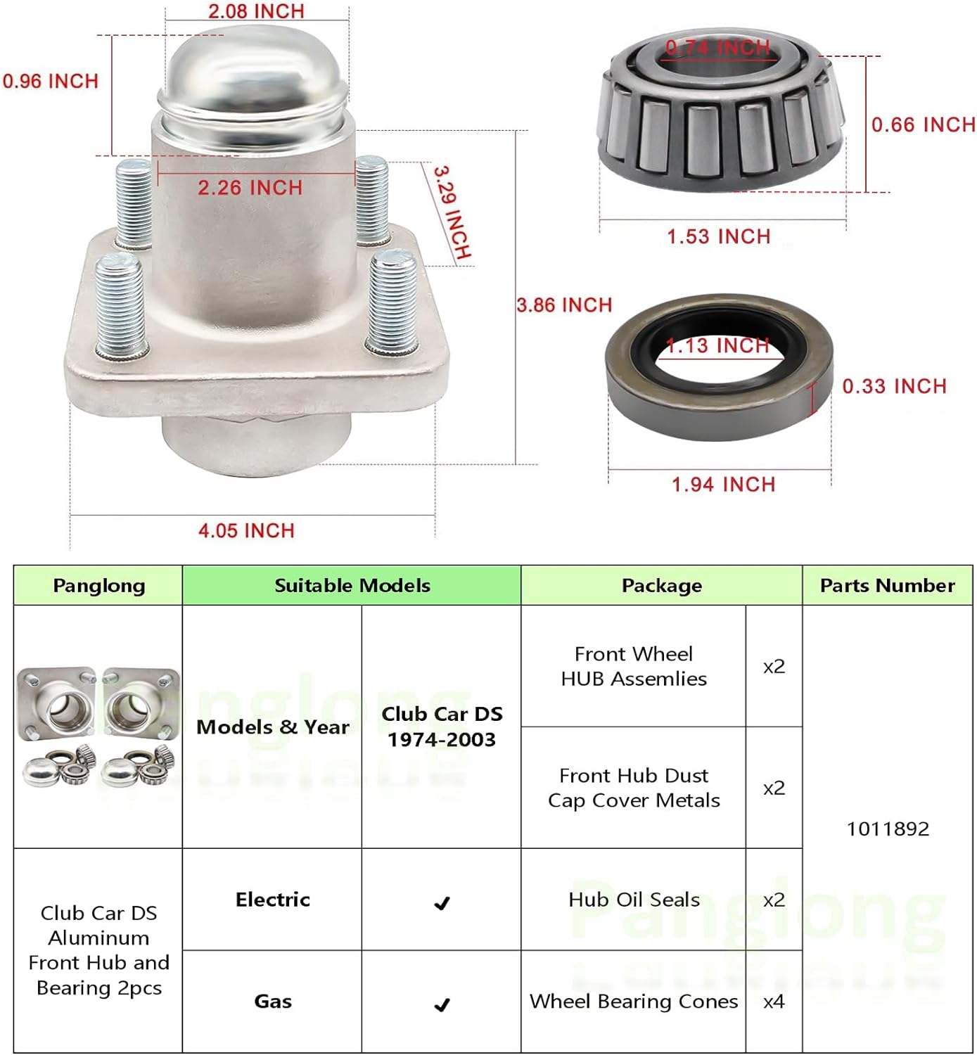 Panglong Club Car DS Front Hub Assembly, Aluminum Front Hub and Bearing 1pcs or 2pcs, Suitable for 1974-2003 Club Car DS Golf Carts, Replace OEM#1011892