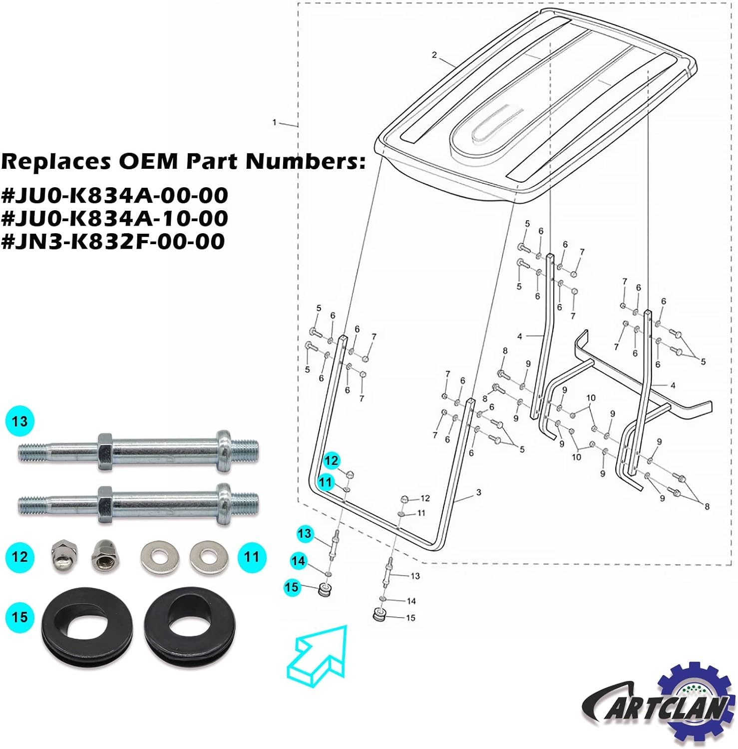 CartClan Top Front Roof Support Bolt Stud and Grommet Repair Kits, Suitable for 2003-2007 Yamaha G22 Golf Carts OEM#JU0-K834A-00-00 JU0-K834A-10-00 JN3-K832F-00-00