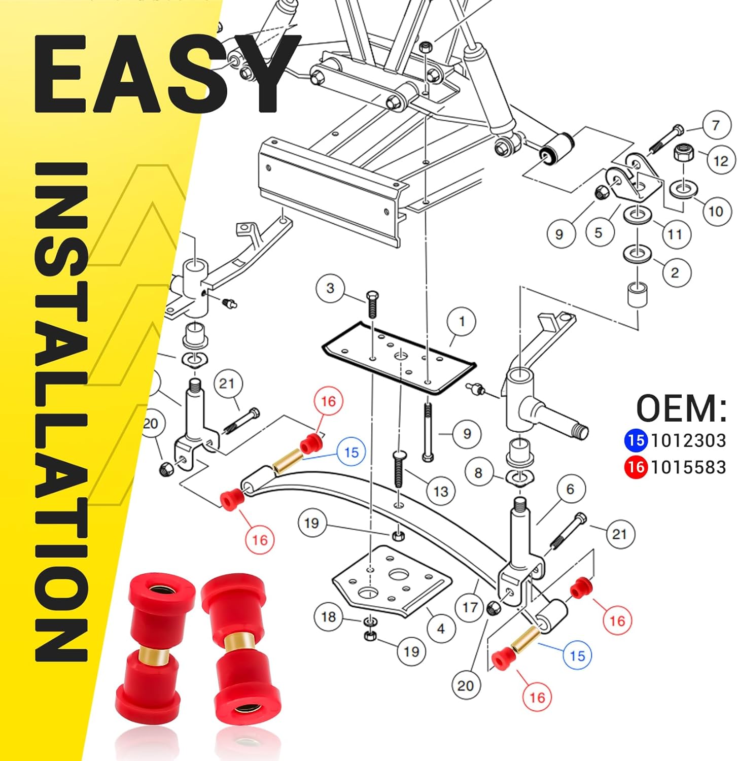 Golf Cart Red Polyurethane Bushings Sleeves Kit for Club Car DS 1992-UP Models, Front Leaf Spring Bushings Kit OEM 1015583 1012303