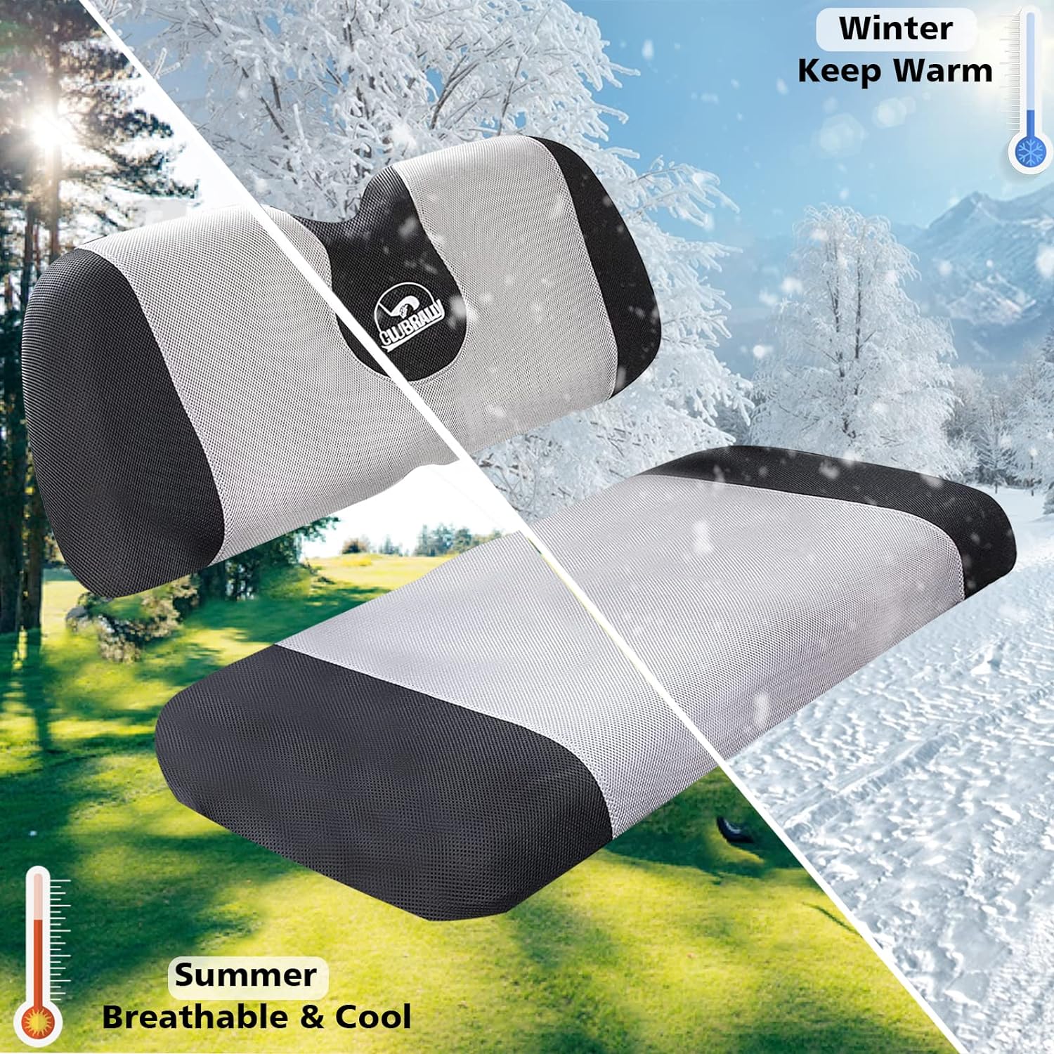 CLUBRALLY Golf Cart Seat Cover Set Fit for Club Car, EZGO, Yamaha, Breathable Air Bench Seat Covers Keep The Seats Cool in The Summer Heat Washable Polyester Mesh Cloth with Logo-Large