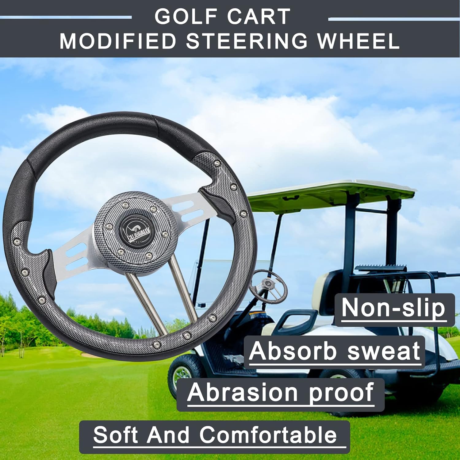 Golf Cart Steering Wheel, Generic for Most Golf cart EZGO Club Car Yamaha-Black Dark Gray