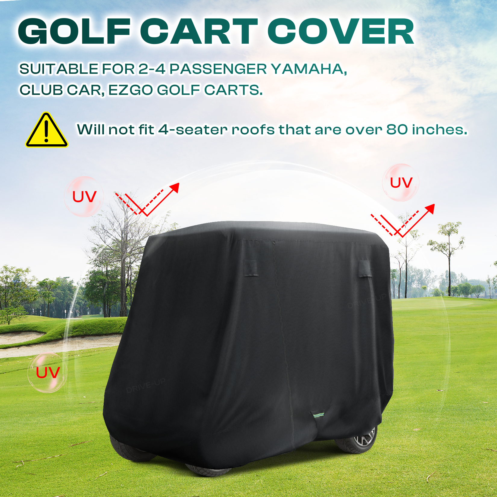 Universal Golf Cart Cover For 2/4 Passenger Yamaha Club Car EZGO, 420D Waterproof Polyester Cover with Zipper Doors, Dustproof, Sunproof, Windproof |Drive-up