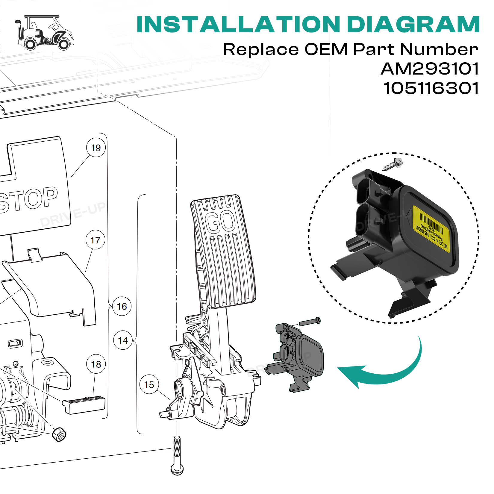 Drive-up MCOR 4 Conversion Throttle Potentiometer-Fits Club Car DS/Carryall/Tempo - AM293101, 105116301 (MCOR 4 Throttle Potentiometer)