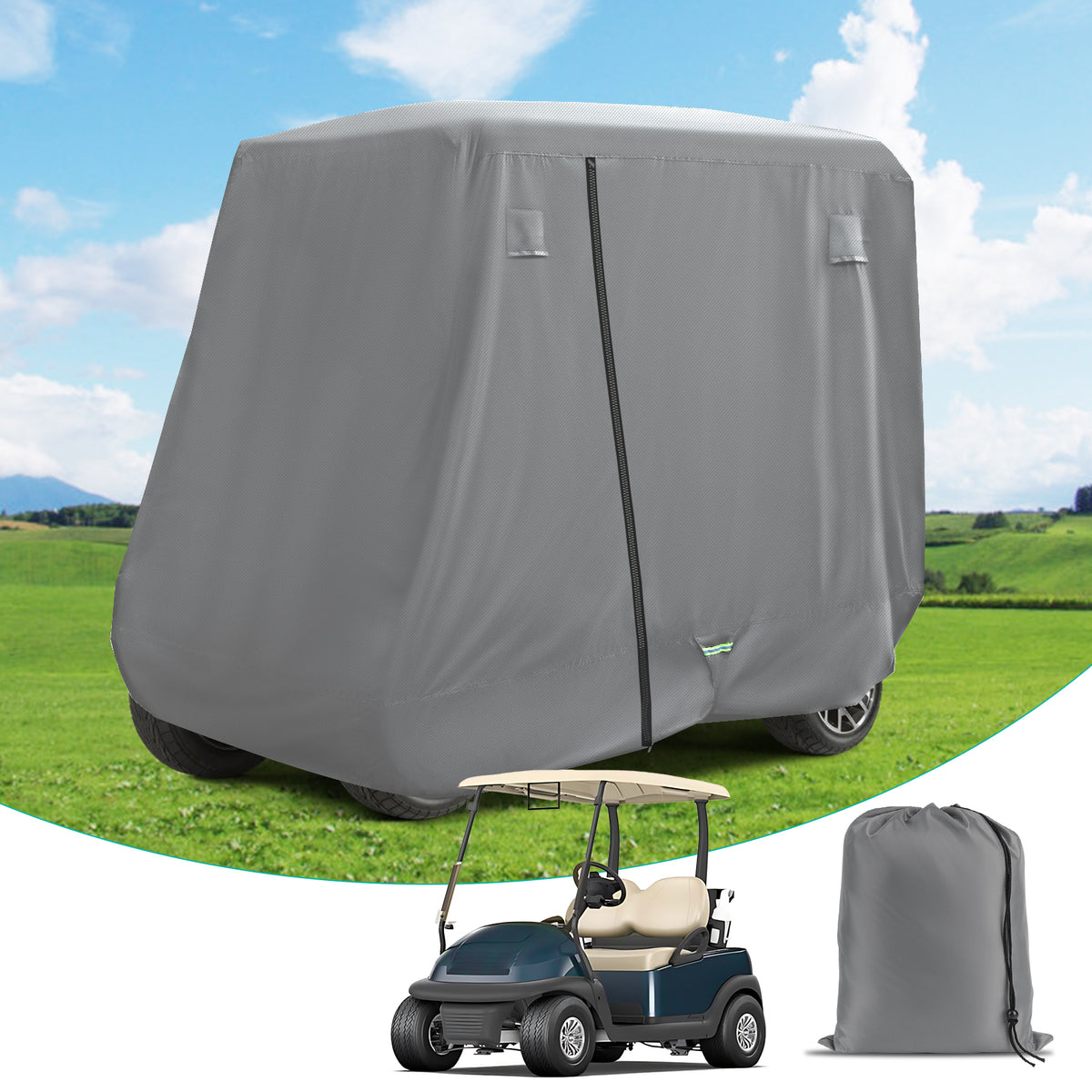 Universal Golf Cart Cover 2/4 Passenger For Yamaha Club Car EZGO, 600D Waterproof Durable Polyester with Zipper Doors |Drive-up