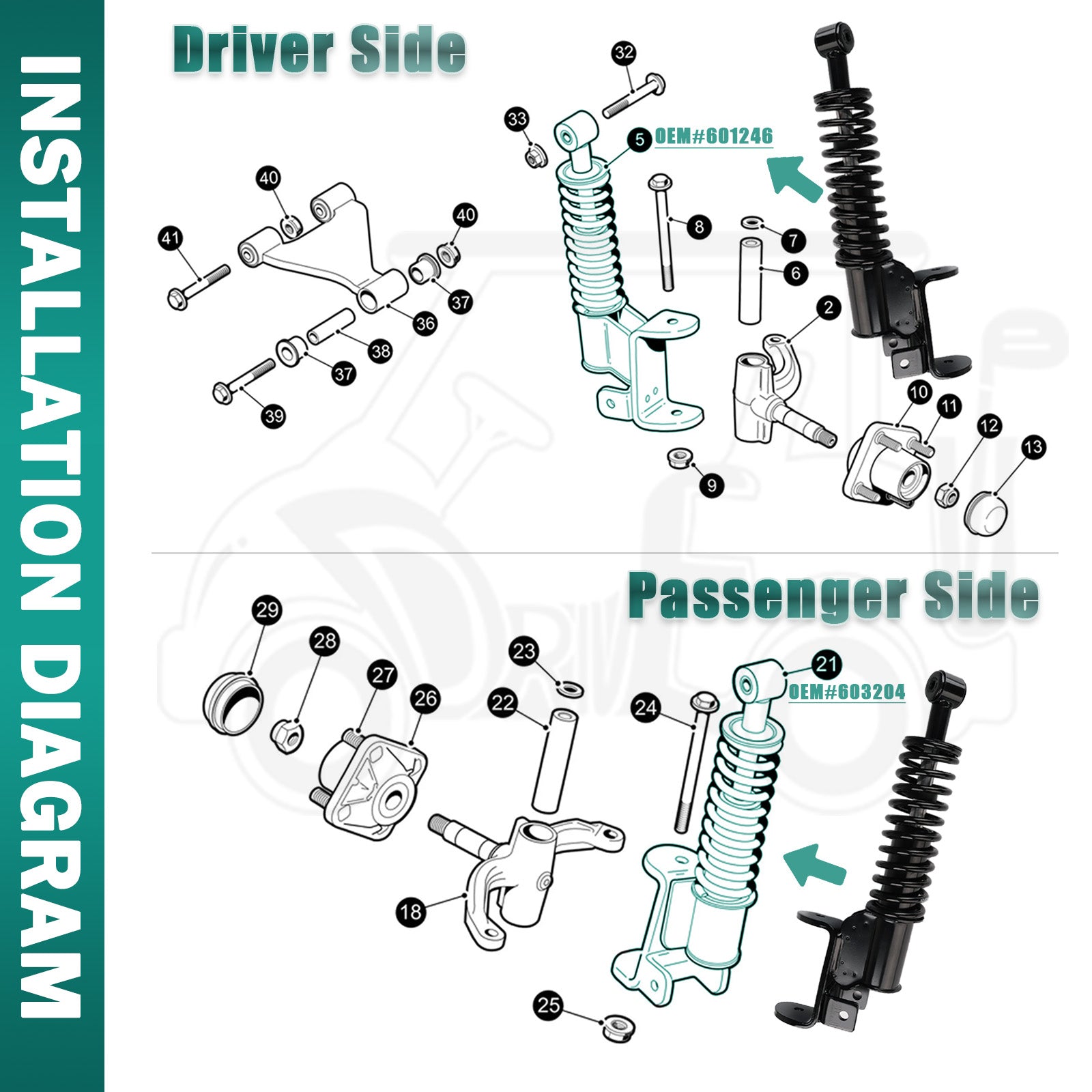 Golf Cart Front Shock Strut Assembly, EZGO Driver & Passenger Side for RXV 2008-Up Models, OEM 603024, 601246 |Drive-up