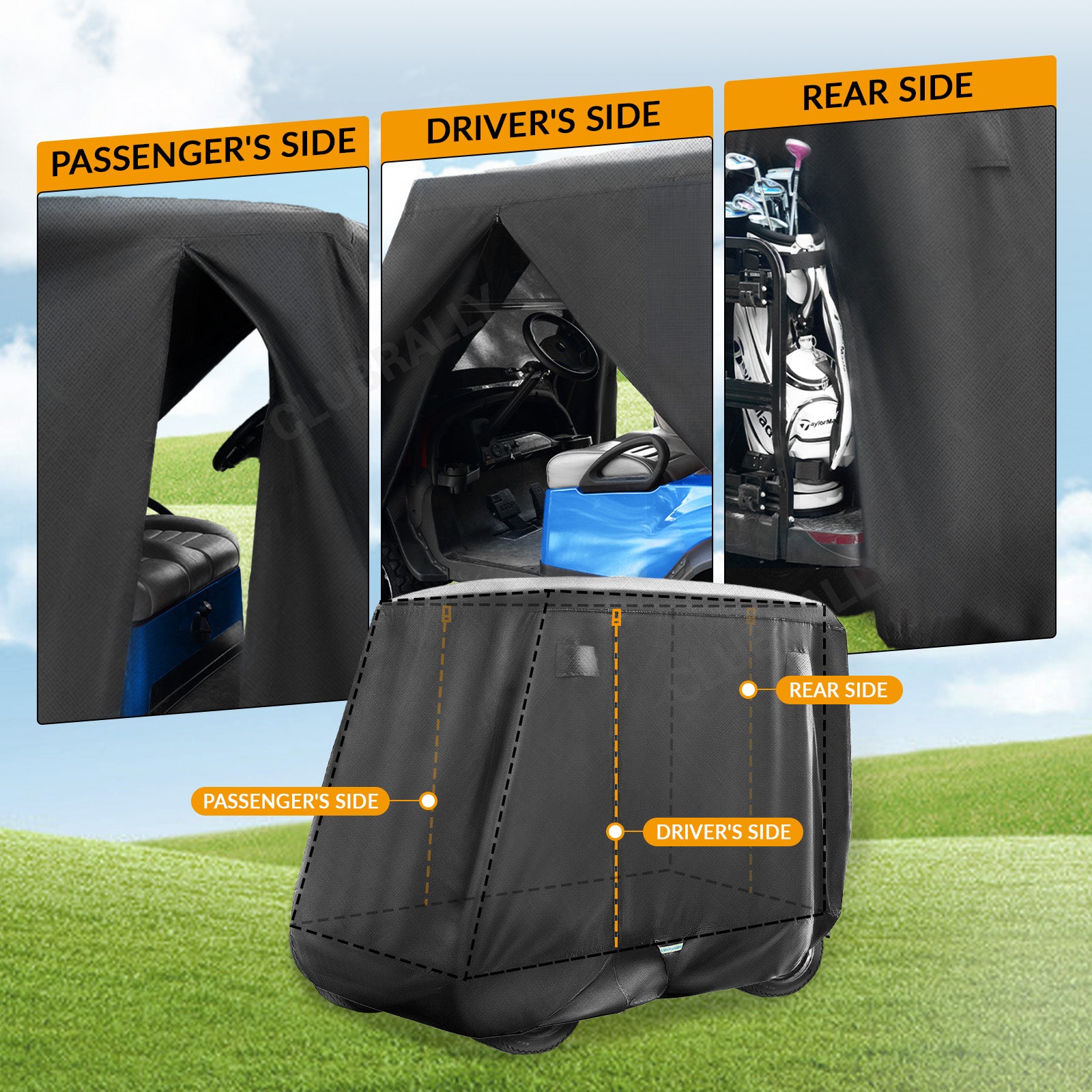 Universal Golf Cart Cover with Doors and Reflective Stripes, 600D Waterproof 2/4 Passenger for Club Car, EZGO, Yamaha  - Black |Drive-up
