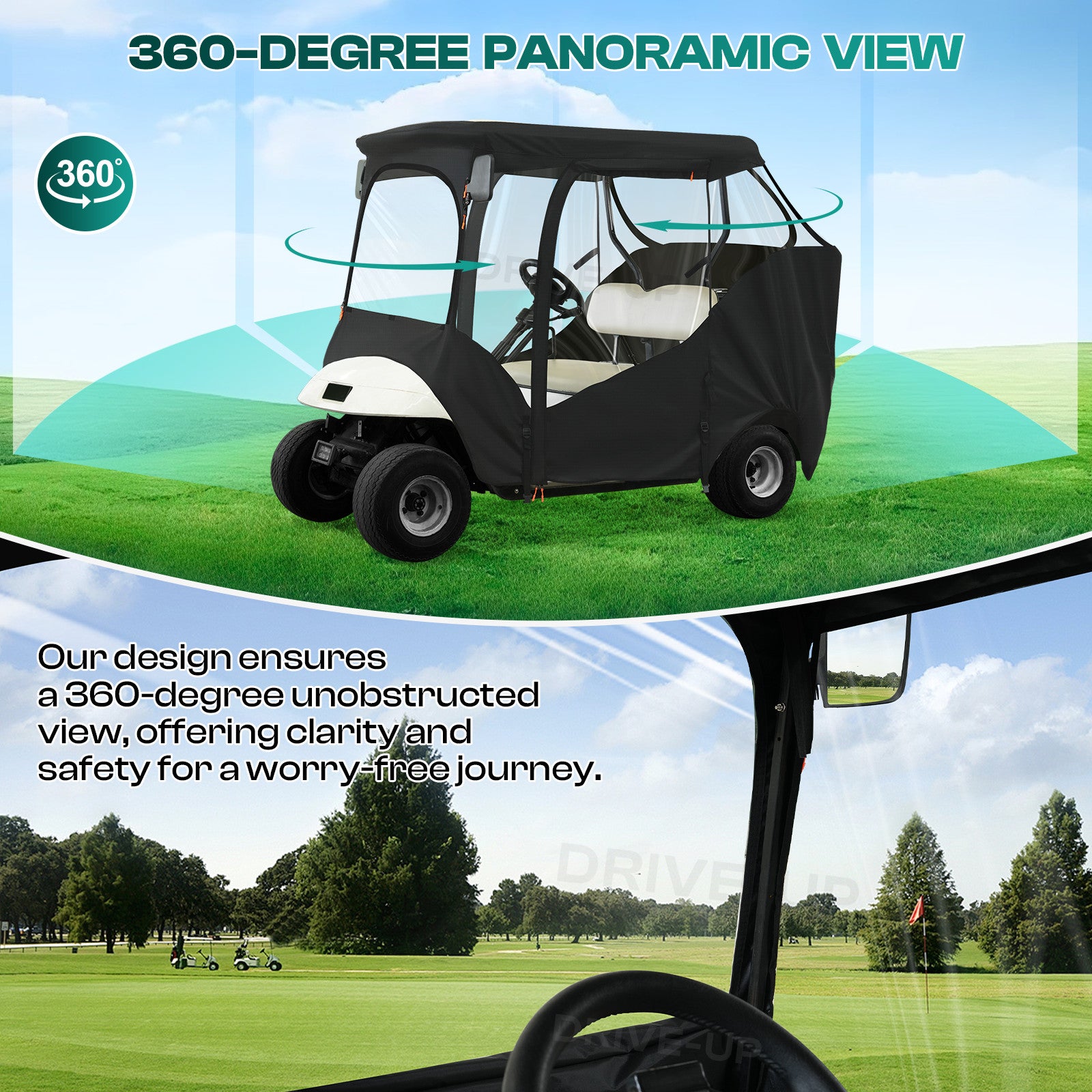 EZGO RXV&TXT Driving Enclosure Fits for 2 Passengers, 600D Golf Cart Rain Cover with 2 Zippered Doors & 4-Sided Clear PVC Windows |Drive-up