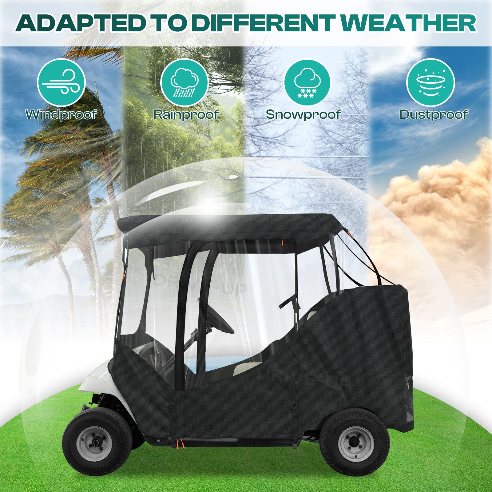 EZGO RXV&TXT Driving Enclosure Fits for 2 Passengers, 600D Golf Cart Rain Cover with 2 Zippered Doors & 4-Sided Clear PVC Windows |Drive-up
