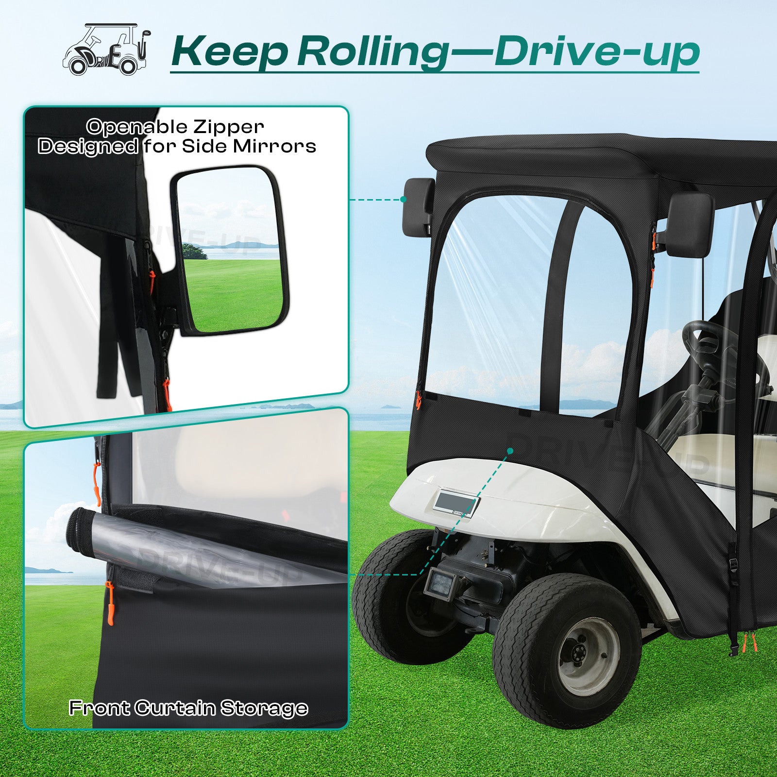 EZGO RXV&TXT Driving Enclosure Fits for 2 Passengers, 600D Golf Cart Rain Cover with 2 Zippered Doors & 4-Sided Clear PVC Windows |Drive-up