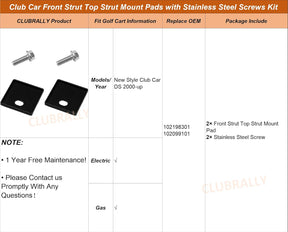 Golf Cart Front Top Strut Mount Pads with Stainless Steel Screws Kit, Fits Club Car DS