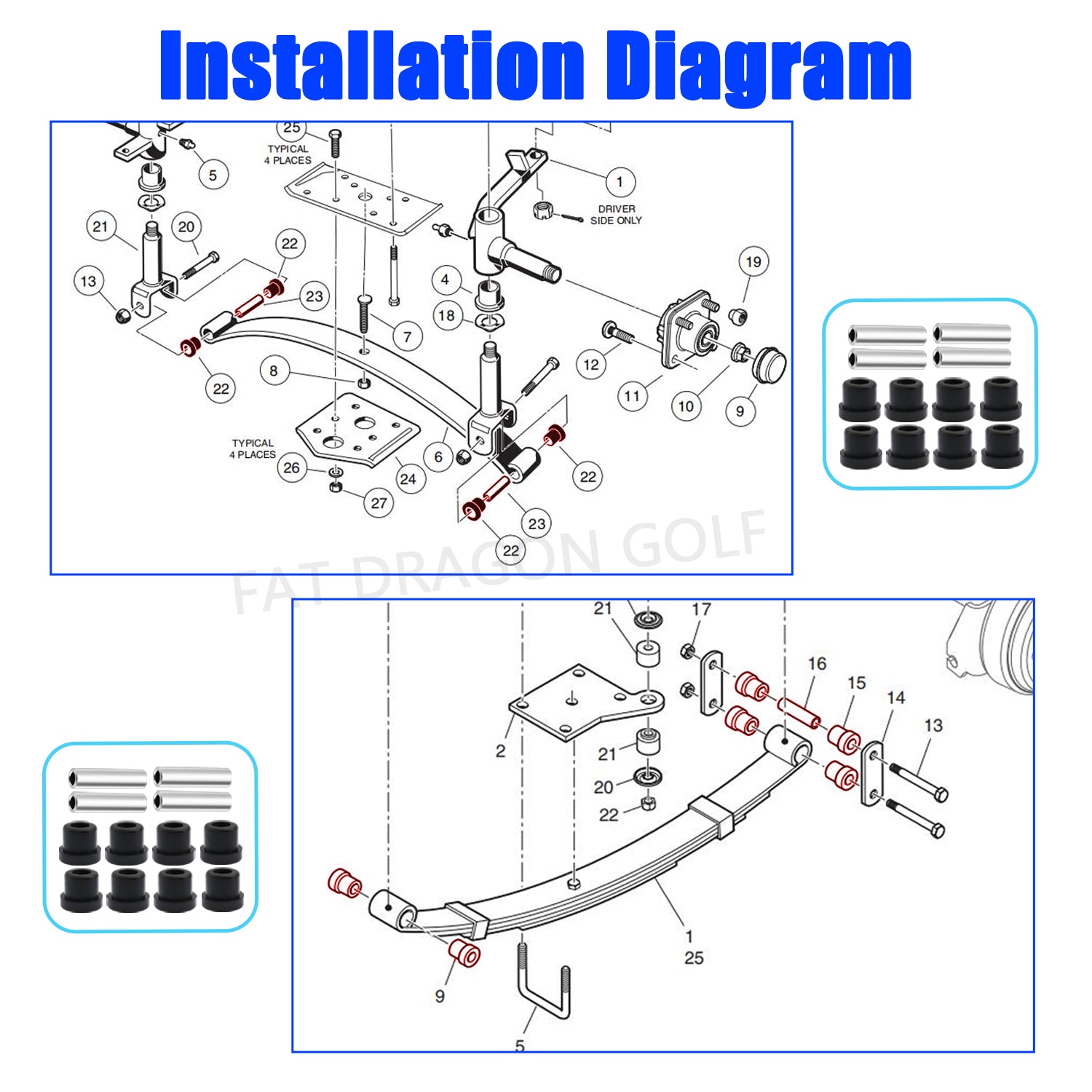 Golf Cart Rear Leaf Spring Bushing Kits for EZGO TXT Medalist 1994-up and Club Car DS 1981-up OEM 70289G01 70291G02 1015583 1012303