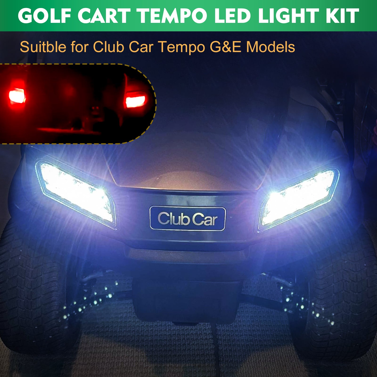 Drive-up Golf Cart Tempo LED Light Kit for Club Car Tempo, Club Car LED Headlight and Tail Light with Harness Kit for Tempo Gas and Electric Models