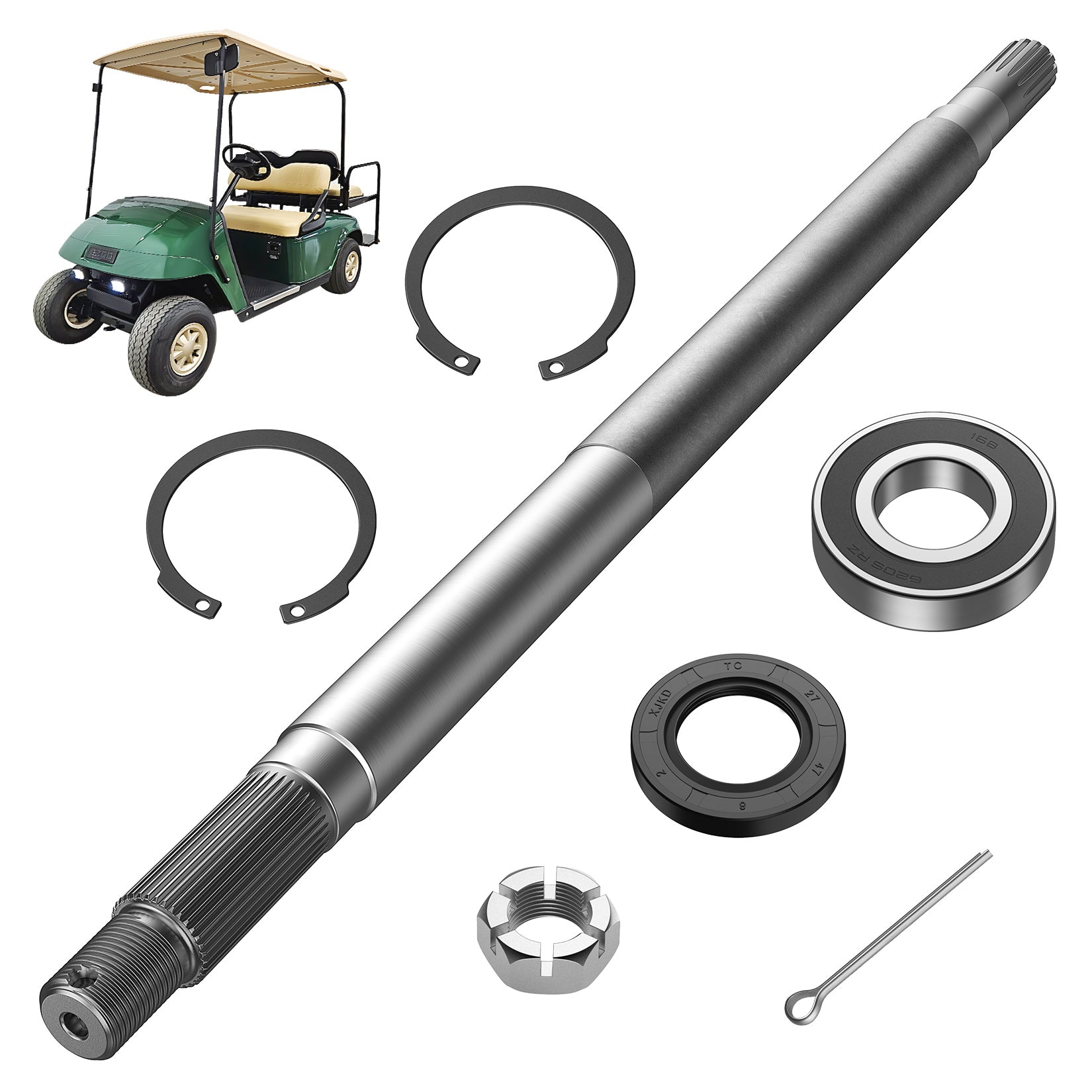 Drive-up Golf Cart Rear Axle Shaft with Bearing Seal for 1994.3-2009 EZGO Gas TXT, Medalist, ST, MPT Models, Driver Side Rear Spline Axle Shaft Kit OEM #72056G01 72056-G01 26811-G01