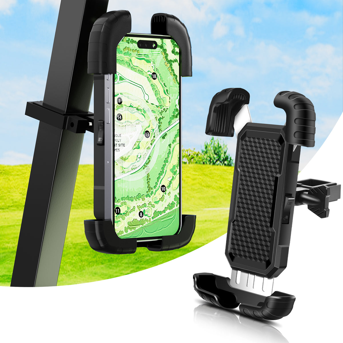 Drive-up Golf Cart Phone Holder-Self-Locking for Club Car EZGO Yamaha & Most Square Tubing Villager Carts