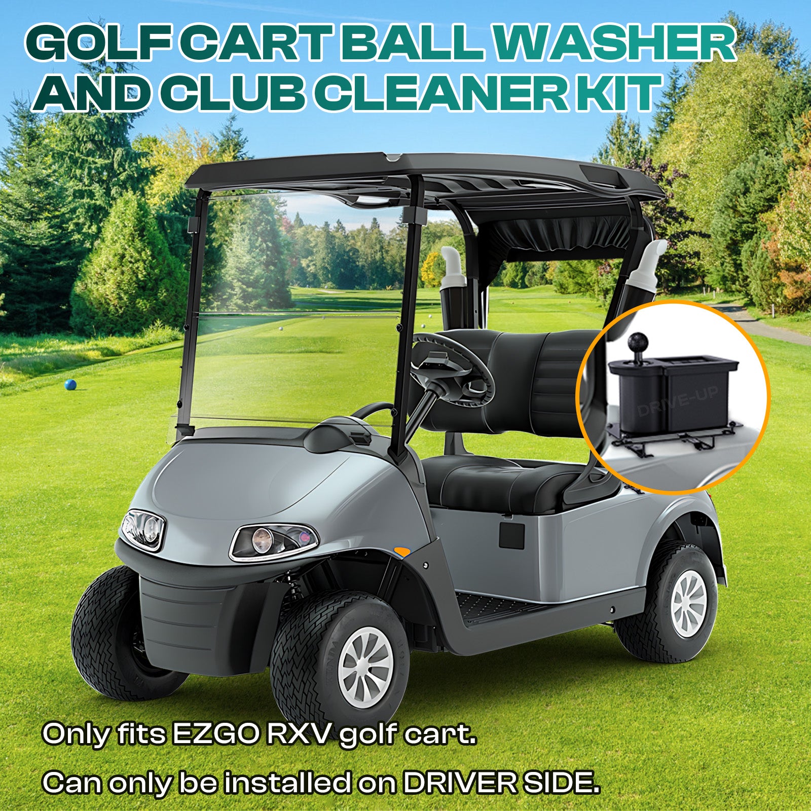 Drive-up Golf Cart Ball Washer and Club Cleaner Kit, Passenger Side EZGO Golf Ball Cleaner and Club Head Washer, Suitable for RXV Gas and Electric Golf Carts, OEM 603836