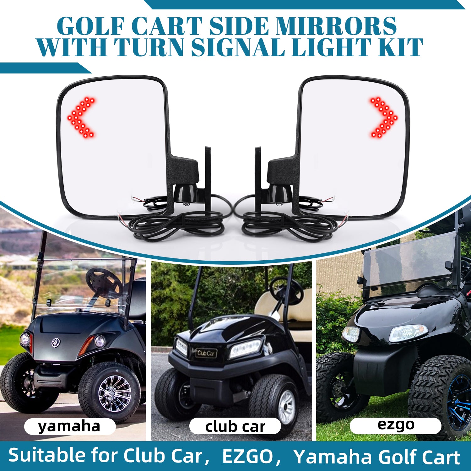 Drive-up Universal Golf Cart Side Rear View Mirror Golf Cart Mirror with Turn Signal Suitable for Club Car EZGO Yamaha Side Mirrors Golf Cart