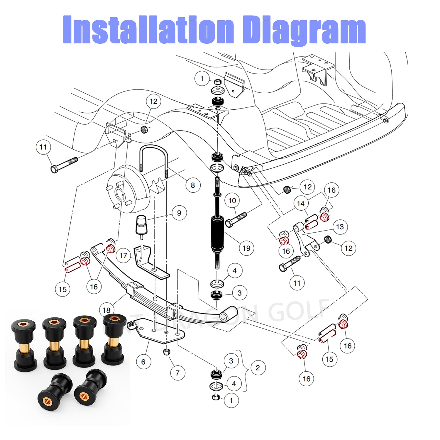 Panglong Club Car Precedent Bushings, Rear Leaf Spring & Shackle Bushing and Sleeve Kit Suitable for 2004-Up Club Car Precedent Golf Cart; OEM#102506601, 102506301, 102506401