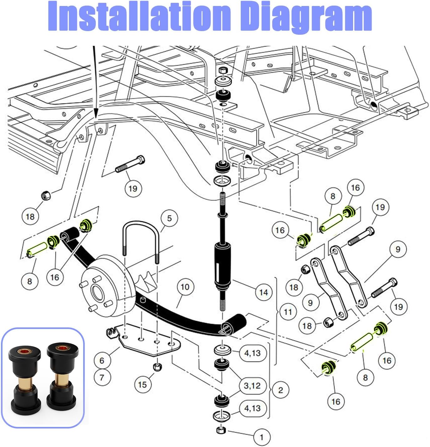 Panglong Club Car DS Front Leaf Spring Bushings Kit, Polyurethane Bushing and Sleeve Kit Suitable for 1992-UP Club Car DS G&E Golf Carts; Replace OEM# 1015583,1012303