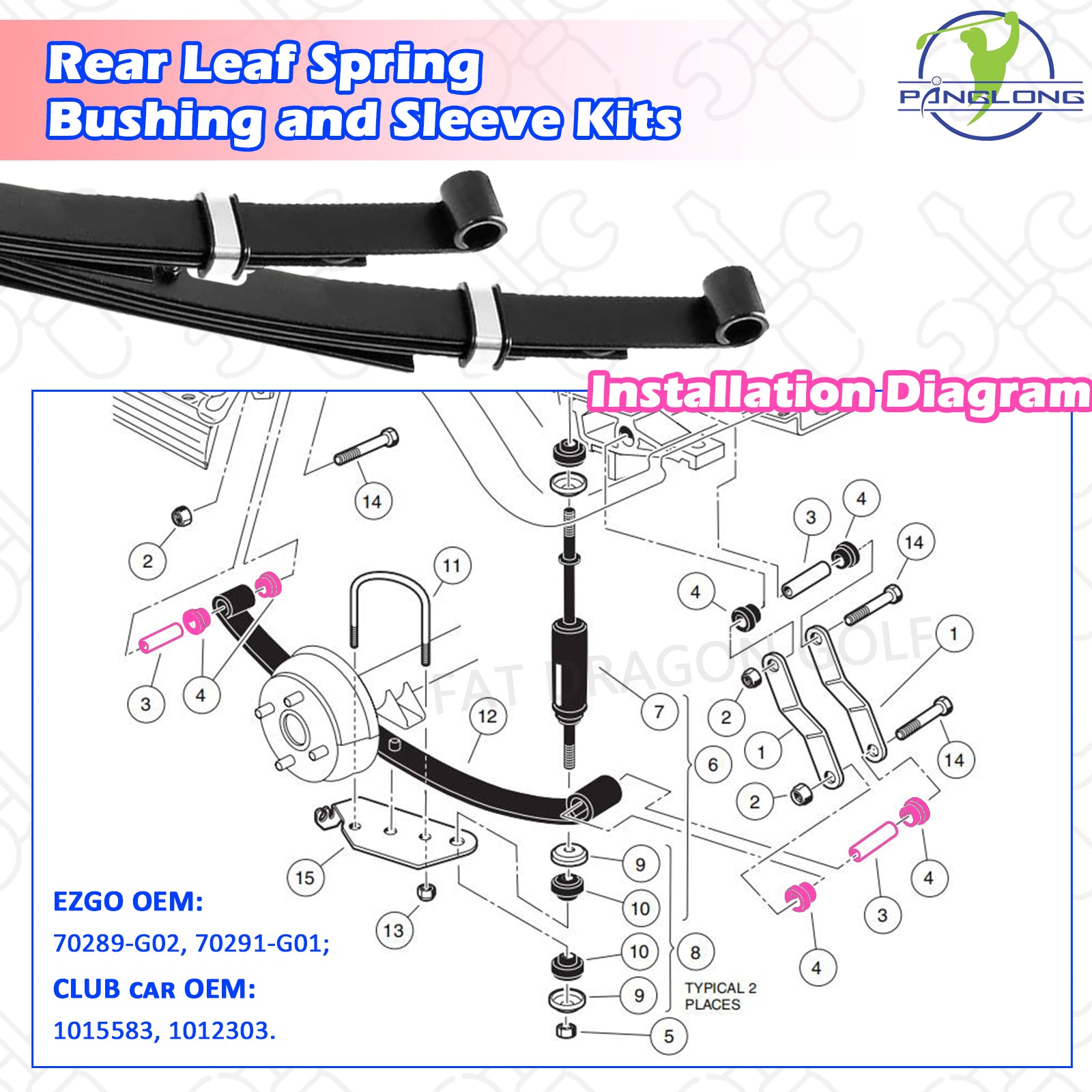 Golf Cart Rear Leaf Spring Bushing and Sleeve Kits for 1981-up Club Car DS & 1994-up EZGO TXT/Medalist,6 Sleeves and 12 bushings,OEM#70291-G01 70289-G02 1012303 1015583