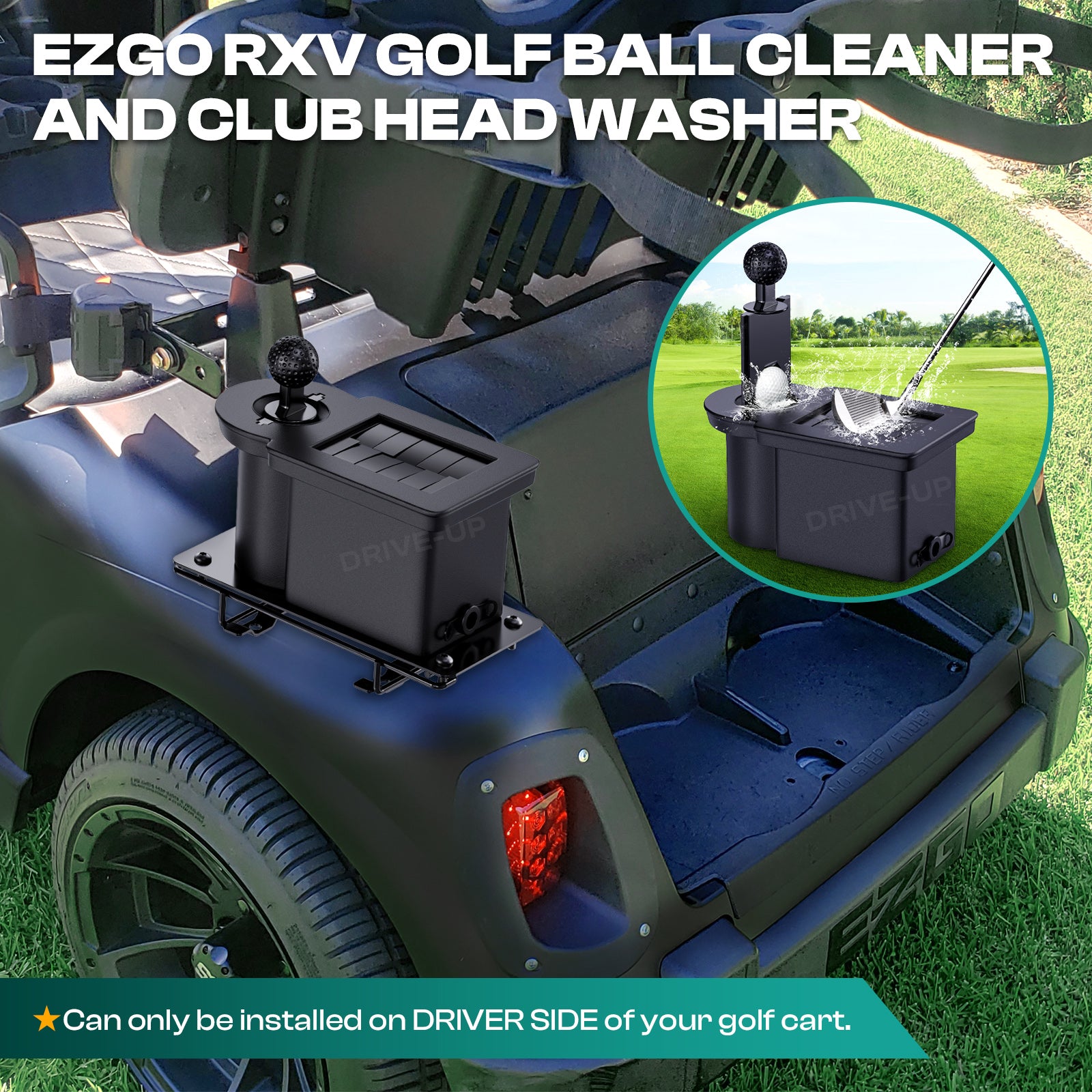 Drive-up Golf Cart Ball Washer and Club Cleaner Kit, Passenger Side EZGO Golf Ball Cleaner and Club Head Washer, Suitable for RXV Gas and Electric Golf Carts, OEM 603836