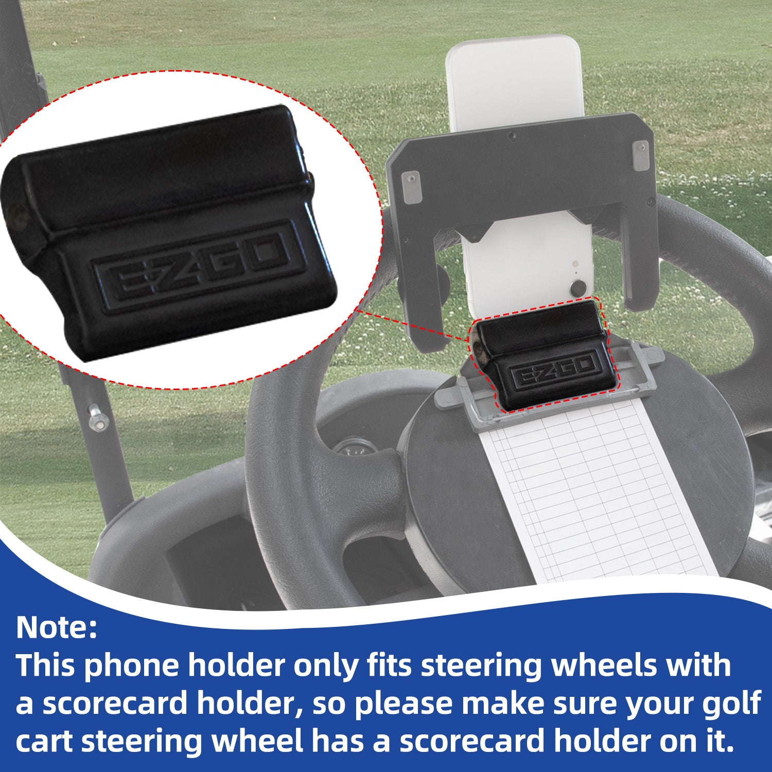 Golf Cart Phone Holder Steering Wheel, Flip Up Phone Holder, for Club Car/EZGO/Yamaha Models, Mobile Phone Mount Wide 2"-3.5" | Drive-up