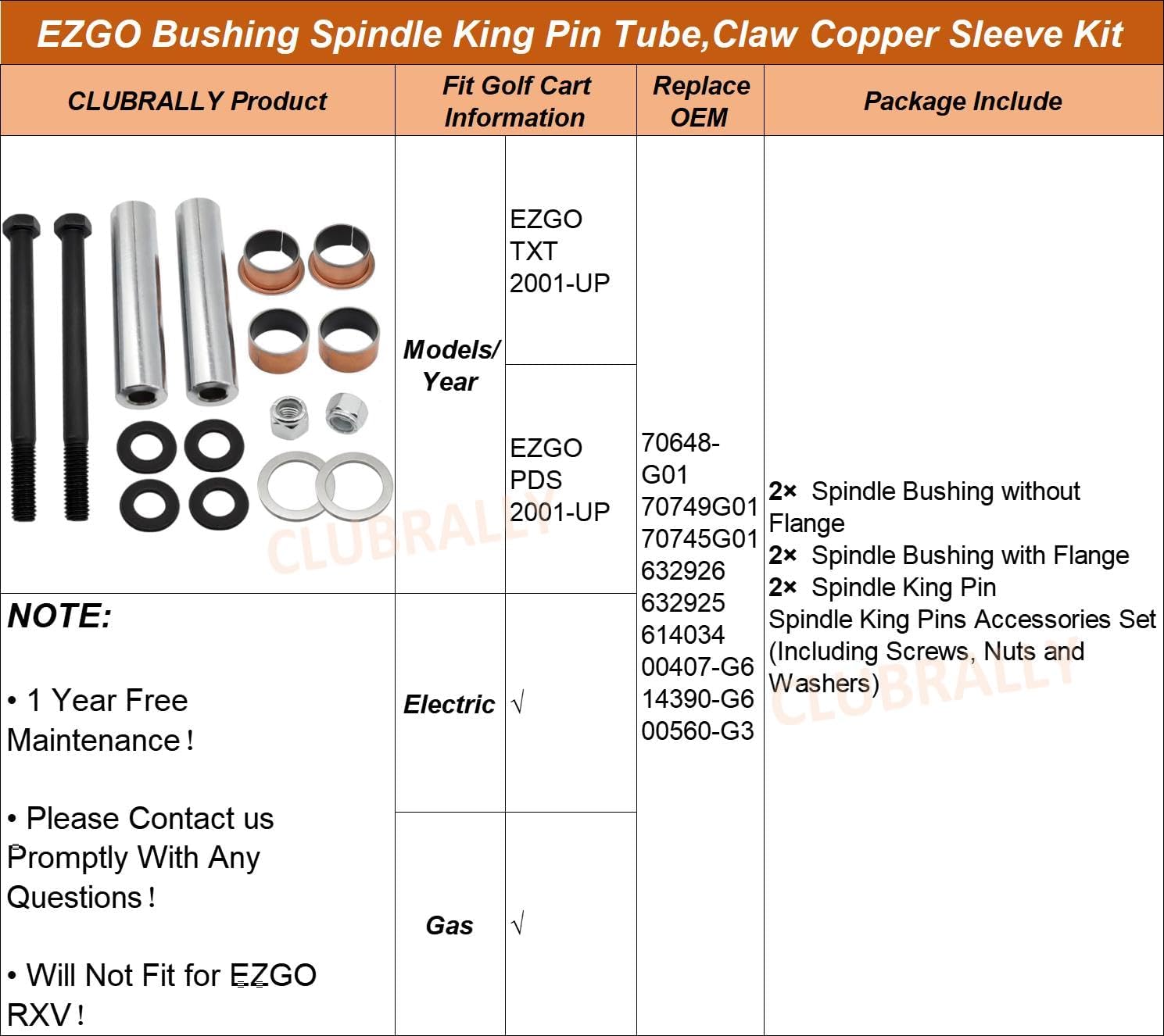 DRIVE-UP EZGO TXT/PDS Golf Cart Bushing Spindle King Pin Tube,Claw Copper Sleeve Kit, Replaces#70648-G01, 70749G01, 70745G01